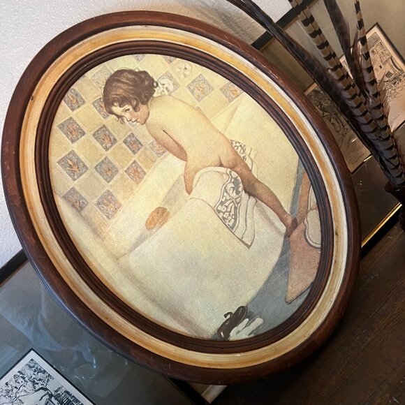 Vintage Framed Print "The Bath" Oval 14.62" X 19.28" Wooden Frame Wall Art - Picture 8 of 8